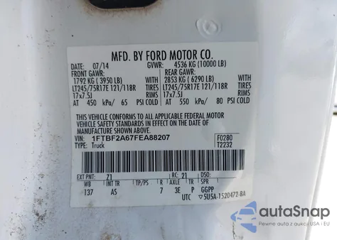 2015 Ford F-250 Xl z USA, uszkodzony, nr VIN 1FTBF2A67FEA88207